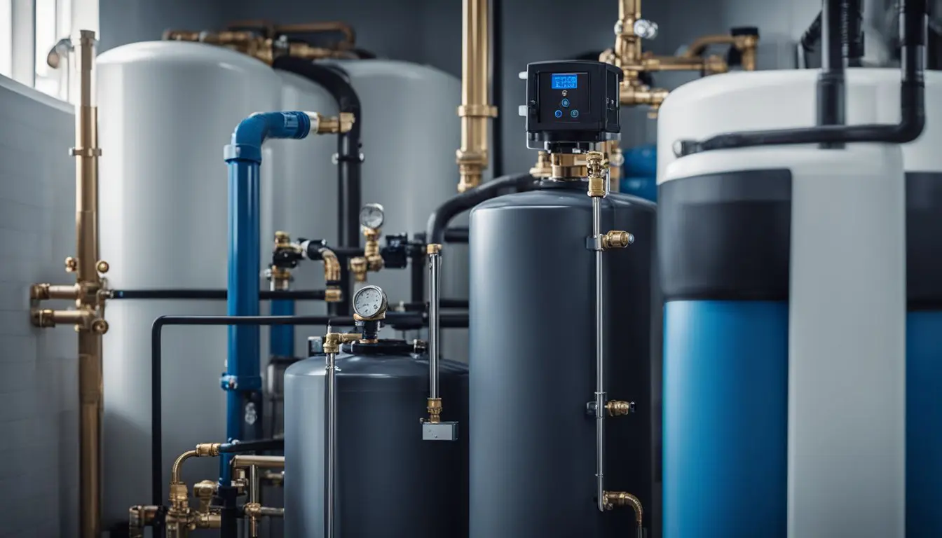 A modern salt-free water softener unit attached to a household water supply, with pipes and valves, removing minerals from the water