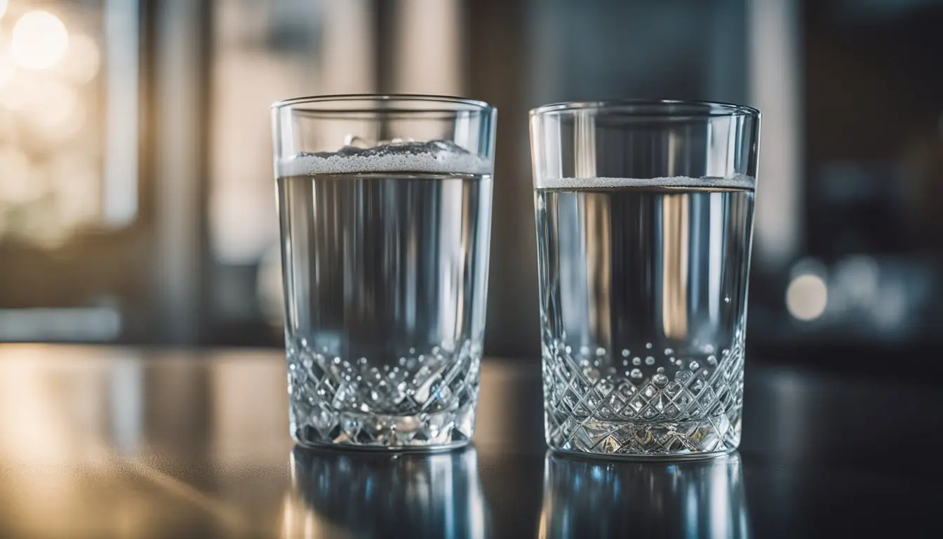 A clear glass of hard water next to a soft water glass treated with salt-free softener. A scale buildup visible in the hard water glass, while the soft water glass remains free of any mineral deposits