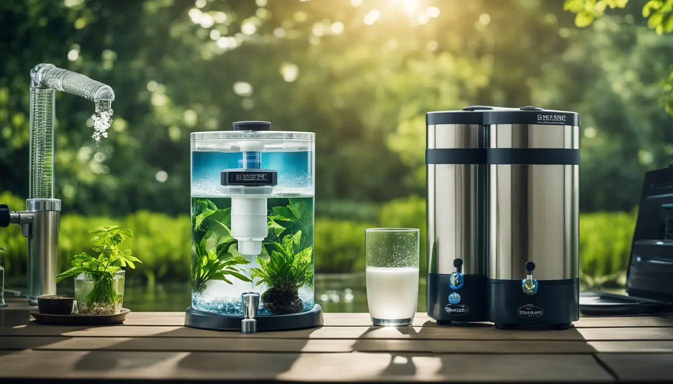 A Berkey water filter and a reverse osmosis system sit side by side, surrounded by images of polluted water sources and healthy ecosystems