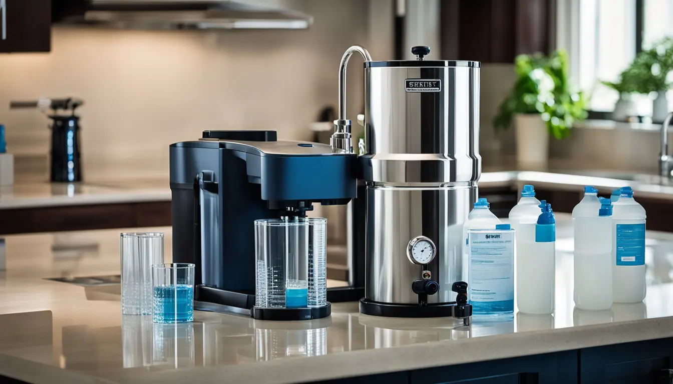 A Berkey water filtration system and a reverse osmosis system sit side by side on a countertop, surrounded by various water testing equipment and financial documents