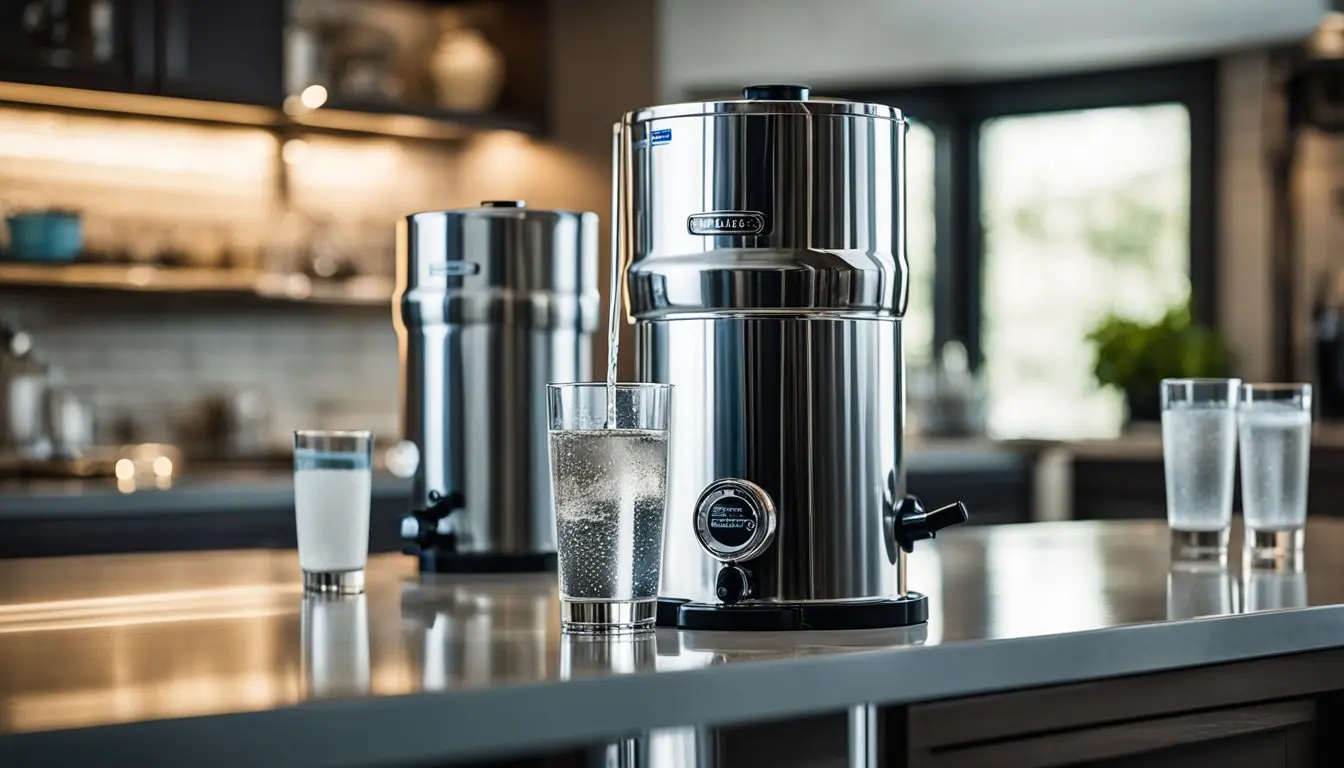 A Berkey water filtration system and a reverse osmosis system sit side by side, with clean, filtered water pouring out of each into separate glasses