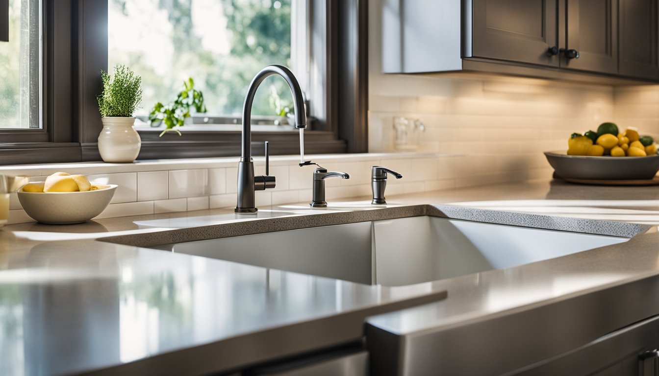 A serene kitchen scene with a salt-free water softener system installed under the sink. Considerations and benefits are displayed in text nearby